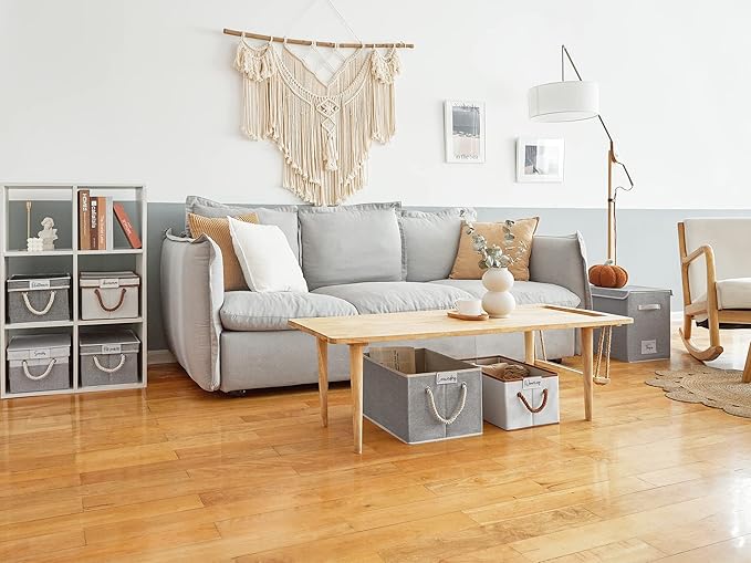 LoforHoney Home Fabric Storage Bins with Lids for Organizing, Foldable Closet Storage Boxes for Shelves, Clothes Baskets with Cotton Rope Handles, Large, Beige & Gray, 4-Pack