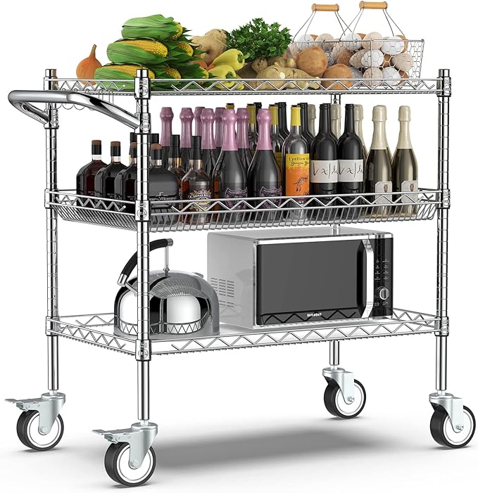 Leteuke Heavy Duty 3 Tier Rolling Utility Cart,NSF Certified 990Lbs Capacity Rolling Carts with Wheels,Commercial Grade Metal Cart with Handle Bar & Shelf Liner,Trolley Serving Cart for Kitchen,Chrome