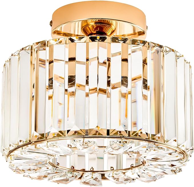 VONLUCE Crystal Ceiling Light Fixture, Semi Flush Mount Ceiling Light Modern Crystal Hallway Light, Gold Flush Mount Chandelier for Entryway Kitchen Bedroom Living Room Entryway