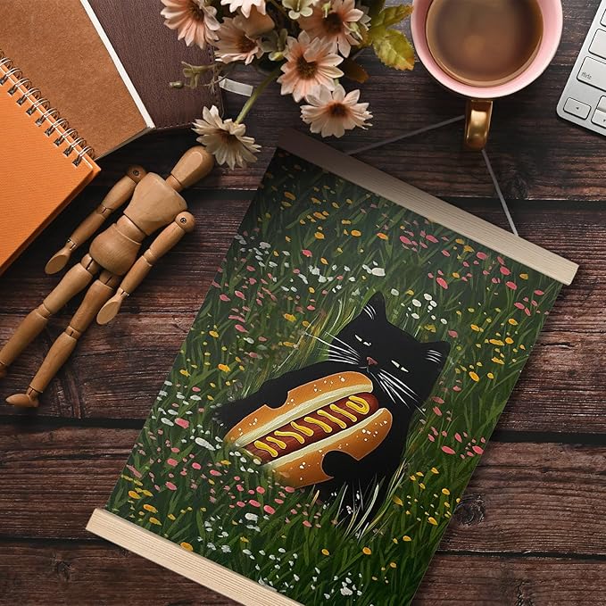 Floral Black Cat Wall Art Poster, Cat Room Home Decor, Colorful Wildflowers Black Cat with Hot Dog Canvas Wall Art Prints for Home Office, 12x16 Inches