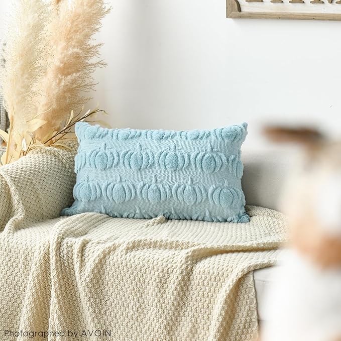 AVOIN colorlife Fall Pumpkin Blue Throw Pillow Covers, 12 x 20 Inch Seasonal Autumn Thanksgiving Harvest Decoration Soft Plush Faux Fur Jacquard Cushion Case Decoration for Sofa Couch Set of 2