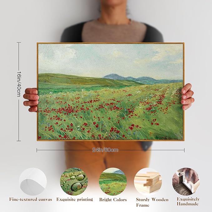 crmotu Framed Canvas Wall Art, Hillside Landscape Art Prints, Flower Field Vintage Decor Pictures, Nature Scenery Wall Paintings for Living Room Bedroom Bathroom Rustic Farmhouse Kitchen Decor 16x24in