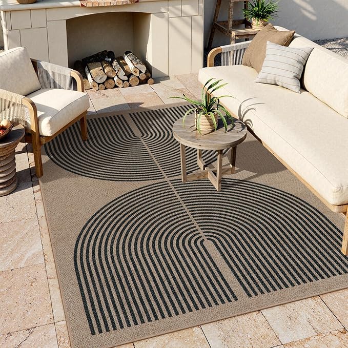 Lahome Modern Rainbow Easy Jute Rug, Washable Rugs 5x7 for Living Room Bedroom Black Farmhouse Indoor Outdoor Patio Carpet, Contemporary Natural Throw Mat Non Slip Carpet for Office RV