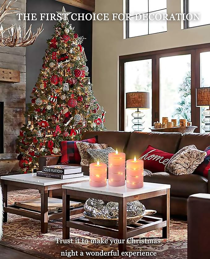 Pink Flameless Candles with String Lights Battery Operated Flickering LED Pillar Candles 4‘’ 5‘’ 6‘’ Candle with Remote Control, Set of 3