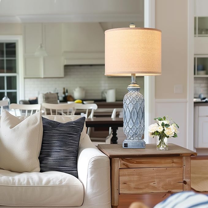 Farmhouse Lamps for Bedroom Set of 2, 28" Rustic Lamps for Living Room with USB Ports, 3-Way Dimmable Nightstand Table Lamp (Bulbs Included)