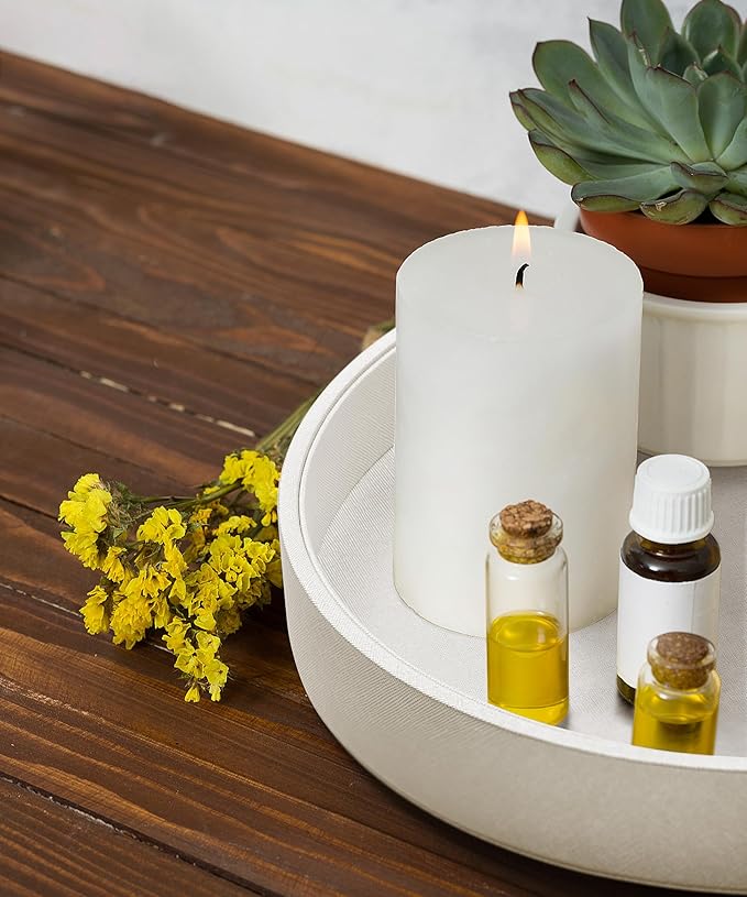 12.6 Inch Round Serving Tray, Home Decorative LeatherOttoman Wooden Decor Platter Bathroom Vanity Tray for All Occasions Anti Slip White