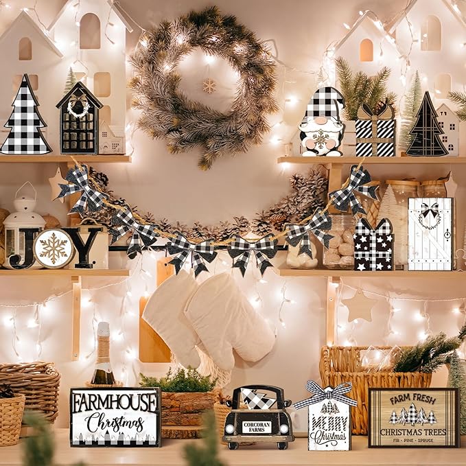 17 Pcs Christmas Tiered Tray Decor Set Winter Tiered Tray Decorations Farmhouse Tabletop Centerpiece Christmas Wooden 3D Sign for Xmas Home Buffalo Plaid Rustic Table Decoration(Gnome)