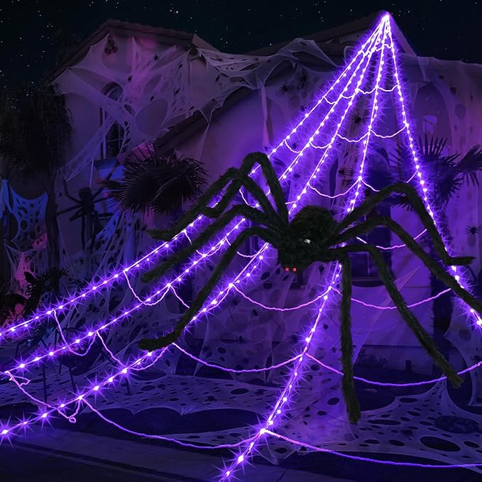 inst Spider Webs Halloween Decorations Outdoor 290LED Halloween Spider Web Lights Decoration with 78.7'' Large Spider & 3.53oz Stretch Cobweb 23Ft Giant Lighted Web with 8 Modes (Purple)
