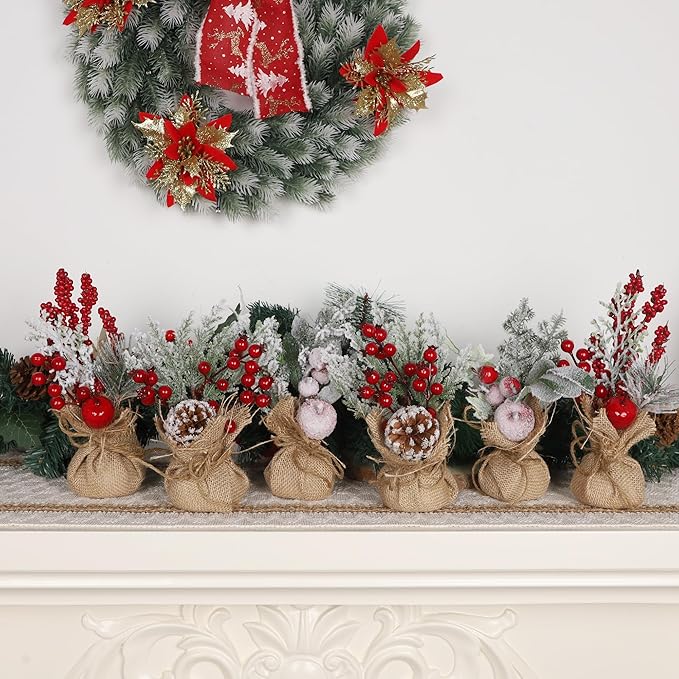 winemana 6 Pcs Mini Christmas Tree Table Decorations, 9" Small Artificial Trees with Red Berries Pine Cone Tabletop Centerpiece for Home Office Room Holiday Decorations