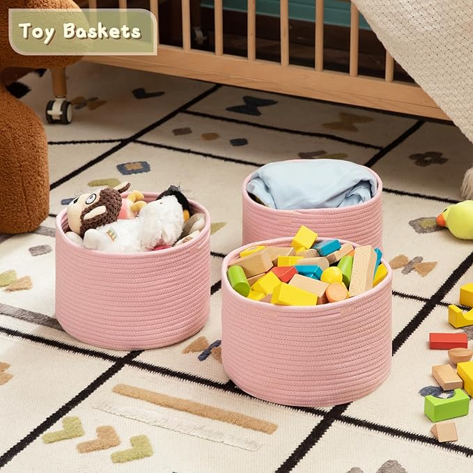 OIAHOMY Small Storage Baskets for Organizing,Closet Cube Shelf Storage, 9.8”×9.8”×7.1”, Woven Cotton Rope Gift Baskets for Nursery,Cute Dog Toy bins, Round 3 Packs, Pink