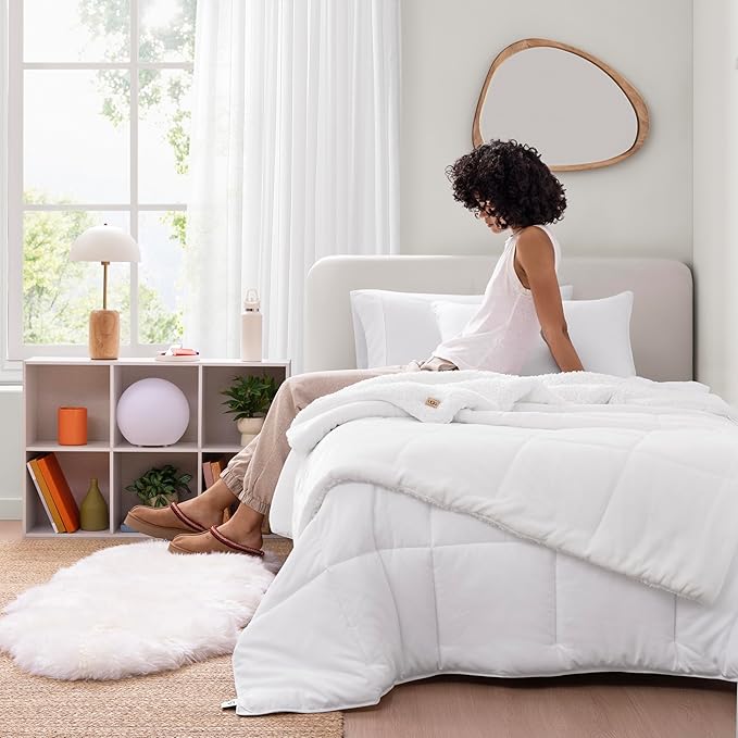 UGG Nita Throw Blanket Soft Reversible Plush Throw for Couch or Bed Washable Warm Fluffy Blanket for College Dorm Essentials and Bedding with Down Alternative Fill, 50-inch x 70-inch, White Snow