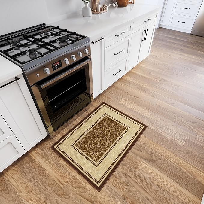 Ottomanson Rugs for Entryway 2'3" x 3' Non Slip Border Small Area Rugs Durable Front Door Mat Rug Stain Resistant Entrance Rugs for Bathroom Kitchen Bedroom & Living Room, Brown