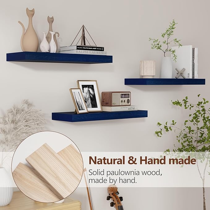 Solid Wood Floating Shelves Set of 3 - Modern Blue Shelves for Wall Decor Storage in Bedroom, Living Room, Bathroom, Kitchen - Dark Blue