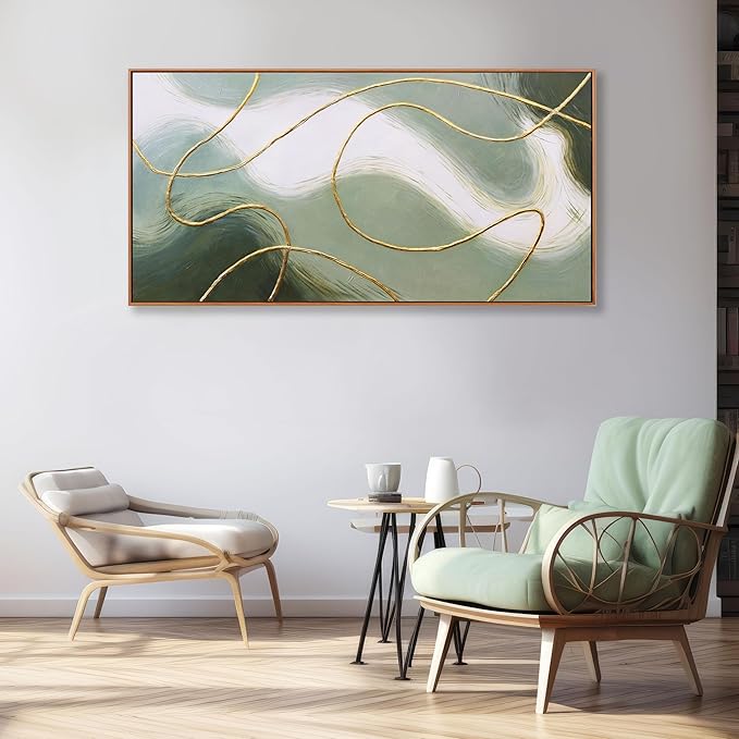 Framed Abstract Wall Art Room Decor Aesthetic Green White and Gold Lines Boho Canvas Wall Decor Artwork Modern Home Wall Decor for Living Room Bedroom Office Decor 24"x48"