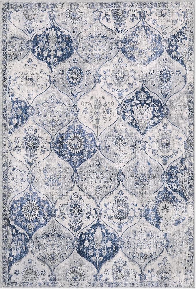 Lahome Moroccan Trellis Washable Rug, 2x3 Kitchen Rugs for Entryway Bathroom, Non-Slip Indoor Door Mat Ultra-Thin, Small Oriental Throw Carpet for Bedroom Entry, White/Royal Blue