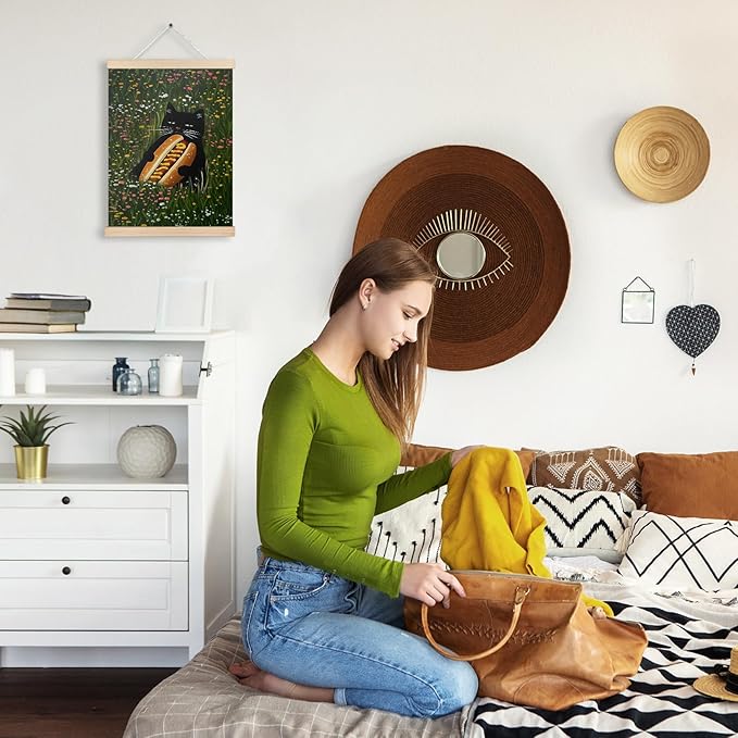 Floral Black Cat Wall Art Poster, Cat Room Home Decor, Colorful Wildflowers Black Cat with Hot Dog Canvas Wall Art Prints for Home Office, 12x16 Inches