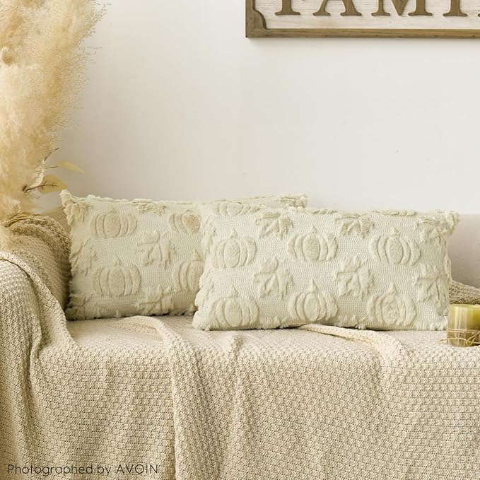 AVOIN colorlife Fall Pumpkin Maple Leaves Beige Throw Pillow Covers, 12 x 20 Inch Seasonal Autumn Thanksgiving Harvest Soft Plush Faux Fur Jacquard Cushion Case Decoration for Sofa Couch Set of 2