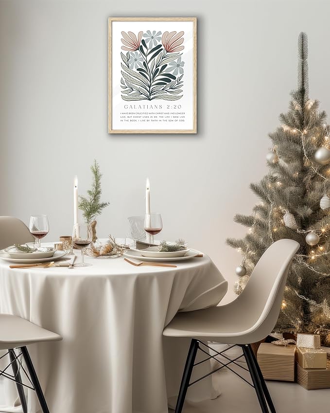 EcoHest Bible Verse Floral Framed Wall Art, 12x16 in OAK Wood Boho Abstract Flowers Canvas Wall Art, Galatians 2:20 Home Decor, Beige Logs Boho Christian Set of 1 for Bedroom Living Room