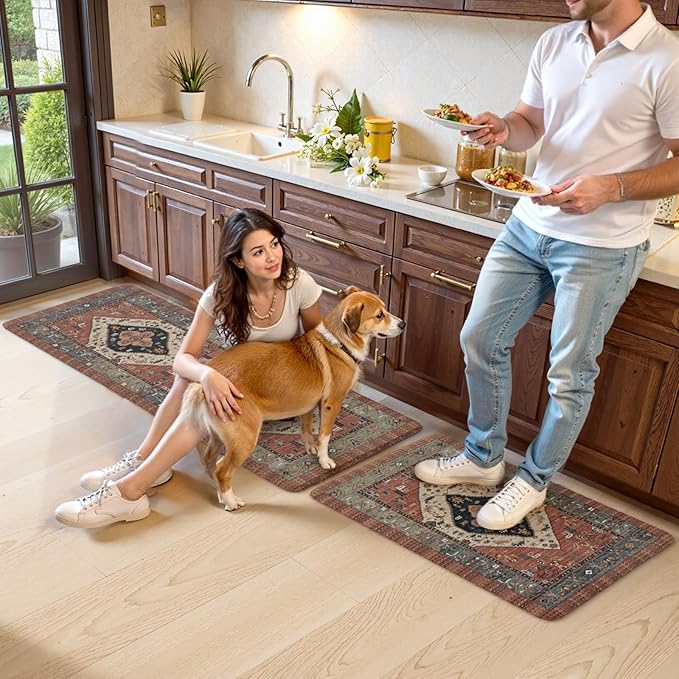 KIMODE Anti Fatigue Kitchen Mats, Boho Distressed Kitchen Rugs 20"x47"+20"x32", Non-Slip Waterproof Kitchen Floor Mats, Comfort Mats for Kitchen Floor, Sink, Laundry, Office, Desk Red
