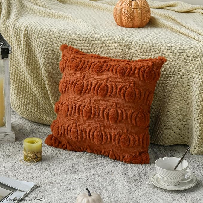 AVOIN colorlife Fall Pumpkin Caramel Throw Pillow Covers, 16 x 16 Inch Seasonal Autumn Thanksgiving Harvest Decoration Soft Plush Faux Fur Jacquard Cushion Case Decoration for Sofa Couch Set of 2