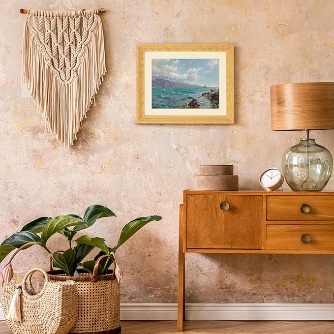 Brivoria Framed Canvas Wall Art Vintage Decor, Realistic Coastal Scene with Sailing Boats Rocky Coast and Blue Green Ocean Canvas Print with Mat for Entryway Living Room or Hallway Display 13x16