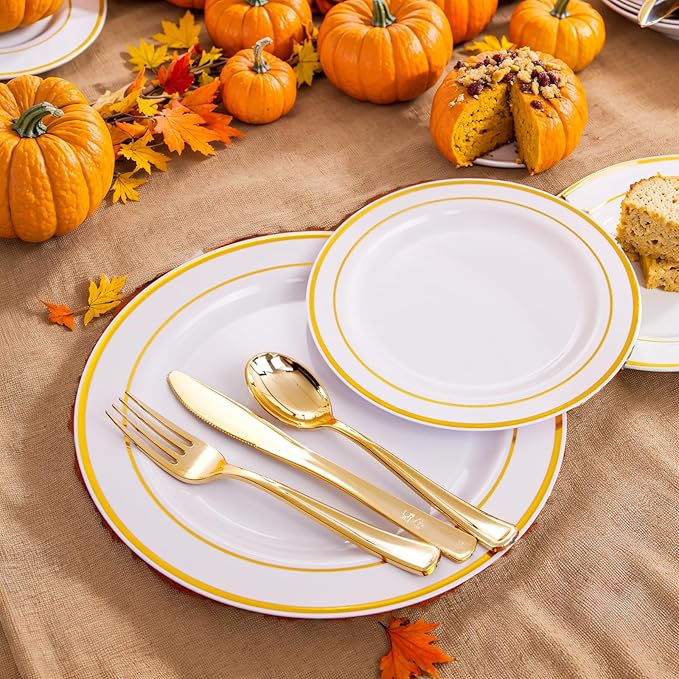 WDF-125 PCS Gold Plastic Plates - White And Gold Plastic Plates Include 25 Dinner Plate, 25 Salad Plate, 25 Forks, 25 Knives, 25 Spoons for Parties/wedding