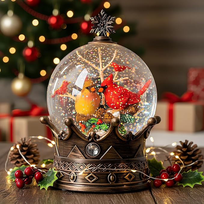 Christmas Snow Globe Lantern Water Glittering Cardinal Crown with Music, USB Lined/Battery Operated Lighted Lantern for Christmas Festival Decoration Gifts