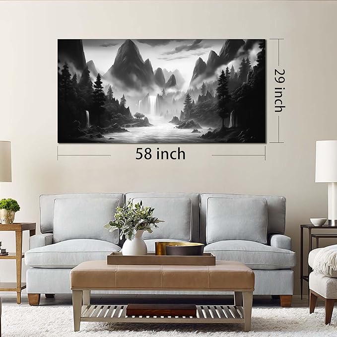 Mountain Pictures for Living Room Black and White Canvas Wall Art for Office Forest Wall Decor for Bedroom Size 29" x 58"