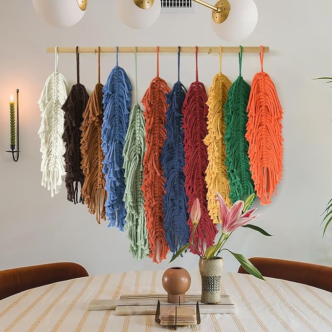 Jakalin Macrame Wall Hanging Leaf, Colorful Yarn Feathers Boho Wall Decor, Handmade Woven Tapestry for Bedroom, Nursery, Living Room, Boho Chic Fiber Art Wall Hanging 27.5" W x 23.6" L