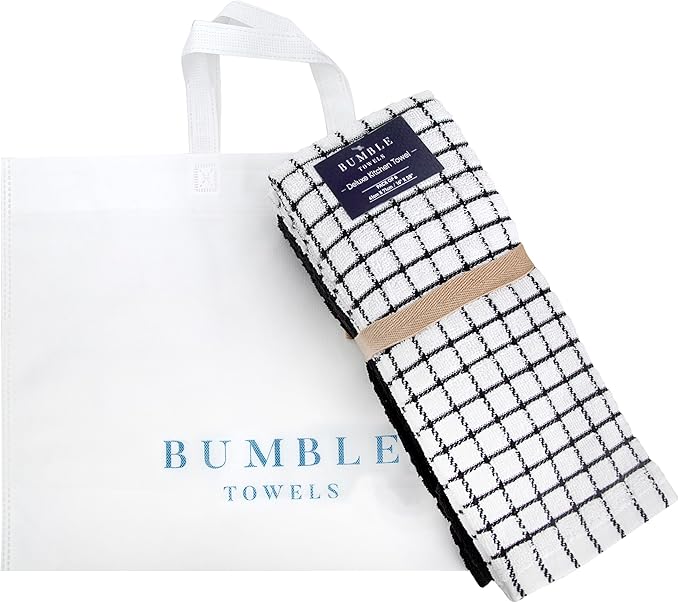 Bumble Kitchen Towels | 100% Cotton Dish Towels with Hanging Loop | 16"x 28" | 380GSM | Absorbent Kitchen Towel Set | 6 Pack, Black