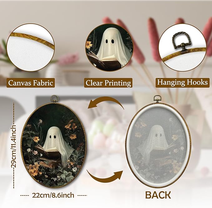 Mcehtle Moody Ghosts Botanic Wall Art Decor, Halloween Cottagecore Dark Academia Framed Canvas Prints 8.6x11.4, Ghost Reading Round Wall Hanging Artwork Decorations for Bedroom Gallery