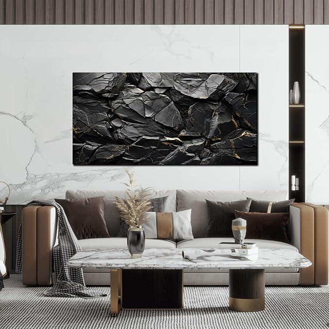 Black Stone with Golden Veins Canvas Wall Art for Living Room, Smooth Flat Rocks Picture Wall-Decor for Bedroom, Canvas Printed Artwork Decoration for Office, Size 48x24 Inches (Not 3D or Textured)