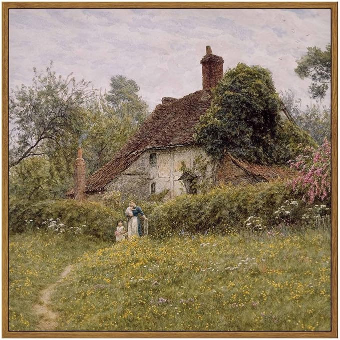 InSimSea Square Framed Canvas Wall Art, Vintage Landscape Prints Old Cottages Countryside Landscape Large Canvas Wall Art, Rustic Farmhouse Wall Decor for Bedroom Living Room Bathroom 16"x16"