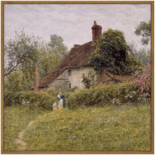 InSimSea Square Framed Canvas Wall Art, Vintage Landscape Prints Old Cottages Countryside Landscape Large Canvas Wall Art, Rustic Farmhouse Wall Decor for Bedroom Living Room Bathroom 16"x16"