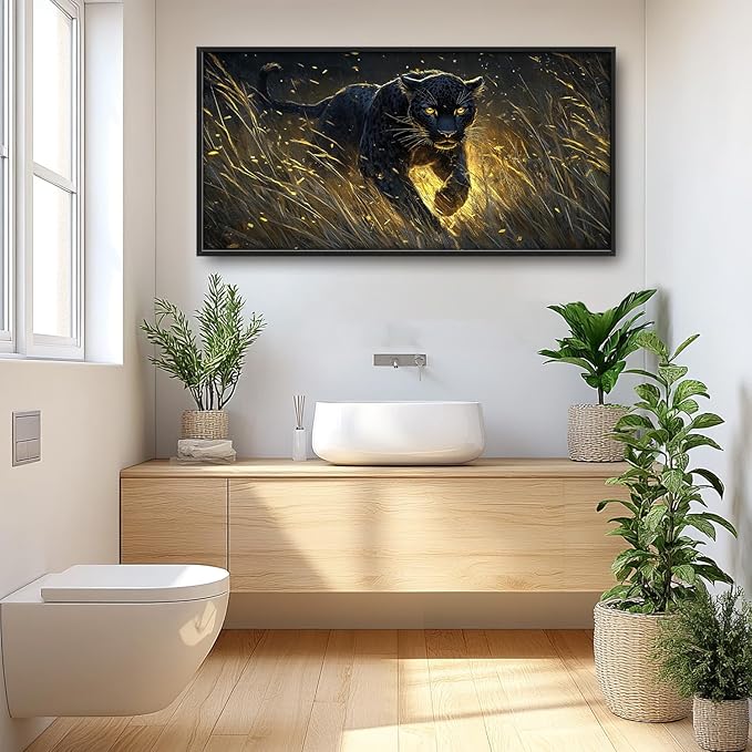 Flintis Large Black Leopard Framed Wall Art Leopard Pictures Wall Decor Abstract Animal Portrait Canvas Painting Print Artworks Decor Framed for Living Room Bathroom Master Bedroom Office 60L X 30W