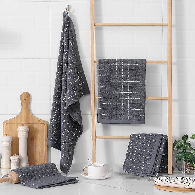 Homaxy 100% Cotton Terry Kitchen Towels(Dark Grey, 20 x 28 inches), Checkered Designed, Soft and Super Absorbent Dish Towels, Large 4 Pack