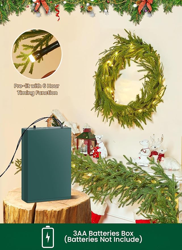 Brightown Christmas Garland with Lights, 6Ft Norfolk Pine Garlands, Battery Operated, White Lights, Prelit Garland for Mantle Fireplace Stairs Wall, Door Indoor Outdoor Christmas Decorations, 2 Pack