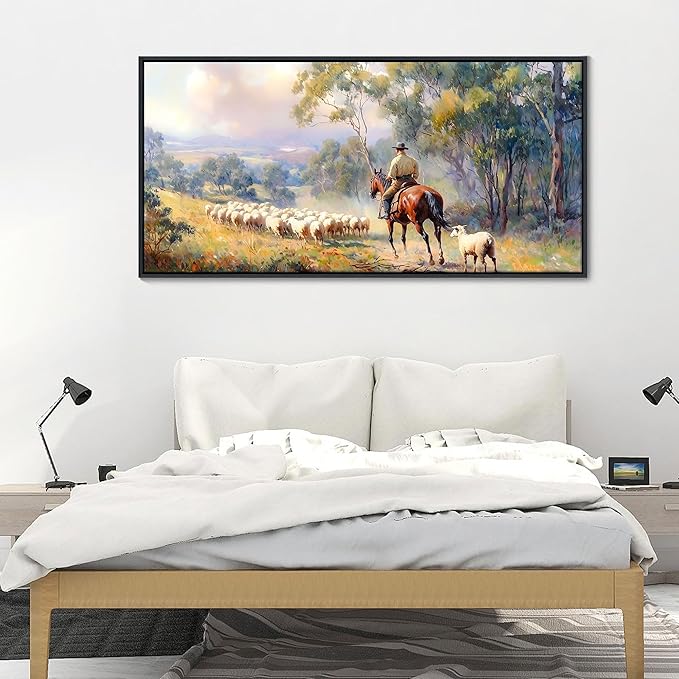 JEAWA Large Framed Canvas Painting - 24x48 IN Western Shepherding Landscape Wall Decor, Picture with Trees, sheeps and Fine Horse, Shepherd Art Prints for Bedroom Living Room Home Decoration