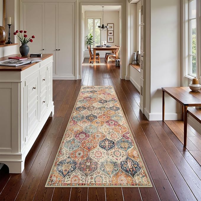 Lahome Moroccan Washable Kitchen Runner, 2x7 Runner Rug with Rubber Backing Non Slip, Vintage Hallway Rug Throw Carpet for Hallways Bedroom Laundry Room Entryway, Cream/Multi