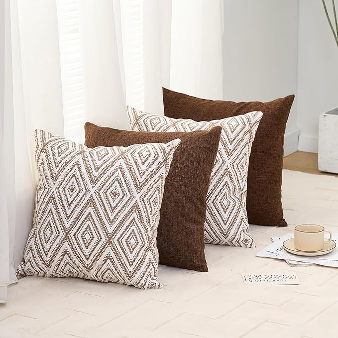 HPUK Decorative Throw Pillow Covers Set of 4 Geometric Design Linen Cushion Cover for Couch Sofa Living Room, 20"x20" inches, Chocolate