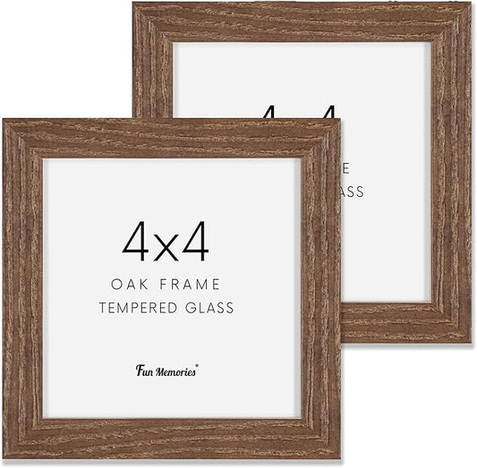 4x4 Picture Frame, Solid White Oak Wood Frame 4 by 4, 4 x 4 Square Photo Frame with Tempered Real Glass, Rustic Wooden Frame 4"x4" for Wall & Tabletop Display, Walnut Color, Set of 2