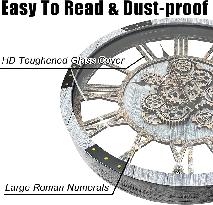 DORBOKER 40" Original Moving Gears Wall Clock, Large Industrial Wall Clock for Living Room Decor,Oversized Wood Vintage Farmhouse Steampunk Rustic Clocks for Wall Decor,Silver Grey