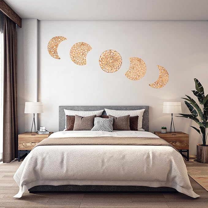 PEMAR Woven Moon Phase Wall Decor - 5-Piece Set of Natural Water Hyacinth Art for Boho & Rustic Homes