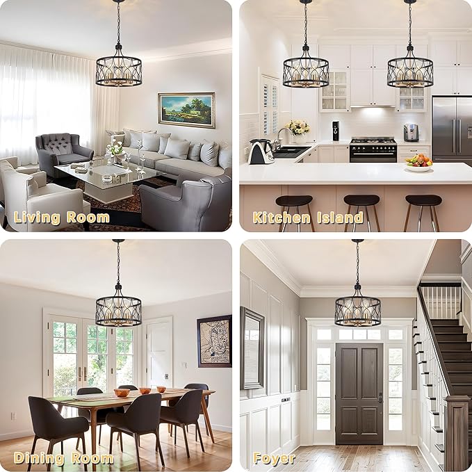 15.74" Farmhouse Ceiling Light Fixture, Hight Adjustable, 5-Light Modern Industrial Metal Cage Pendant Lighting for Kitchen Island Dining Room Living Room and Entryway (Gold)