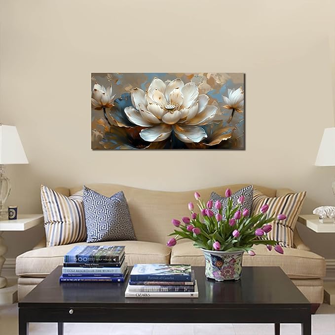 White Flower Wall Art for Living Room - Gold Paintings Wall Art for Office - Bedroom Pictures Wall Decor for Women Size 20" x 40"