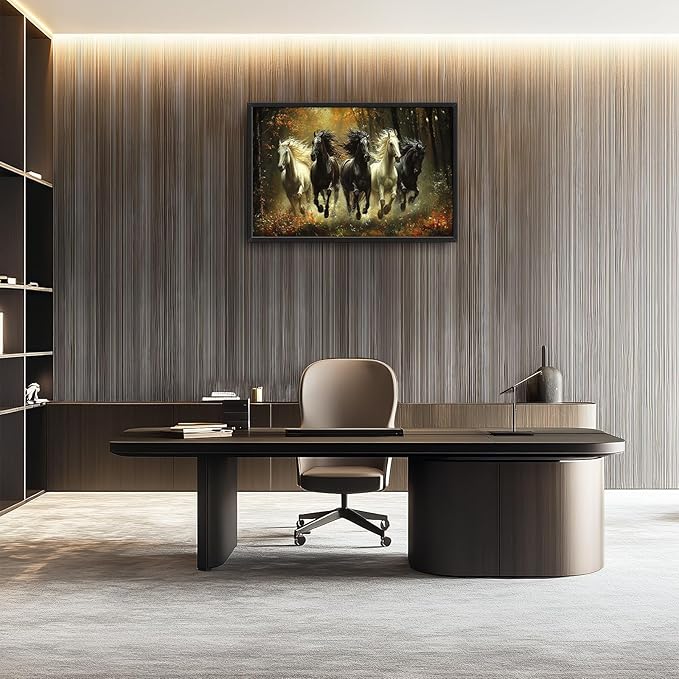 Olivine Horse Wall Art, Running Horses Pictures Wall Decor, Black And White Horse Paintings, Forest Landscape Canvas Prints, Framed Artwork for Bathroom Bedroom Living Room Office Home 36"x24"