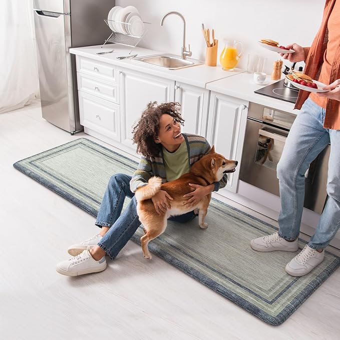 KIMODE Anti Fatigue Kitchen Mats 20"x71", Farmhouse Kitchen Rug Non Slip, Memory Foam Kitchen Floor Mats, Comfort Waterproof Kitchen Mat for Front of Sink Laundry Desk Bedroom Blue and Grey