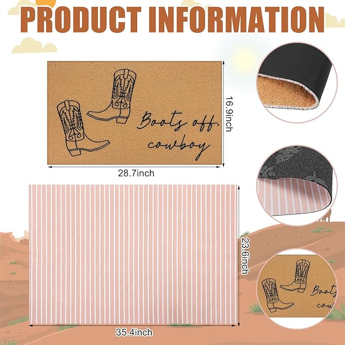 2 Pcs Fall Door Mat Western Cowboy Welcome Non Slip Coir Mats Pink Stripe Floor Layering Doormats Seasonal for Front Porch Entryway Decor(Cowboy)