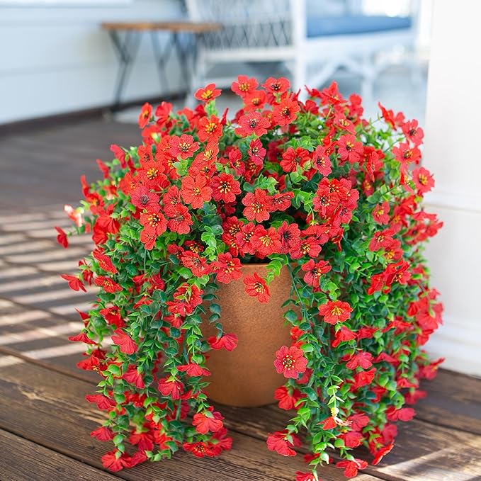 HyeFlora Artificial Hanging Flowers for Outdoors Decoration, 2Pcs Red Fake Spring Summer Decor, Realistic Plants, UV & Fading Resistant Flower for Porch Patio Balcony Planter Yard Home Garland