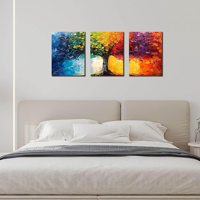 Tree Pictures Wall Art for Living Room - Modern Wall Decor for Office Women - Colorful Wall Decor for Bedroom Size 12" x 16" x 3 Pieces